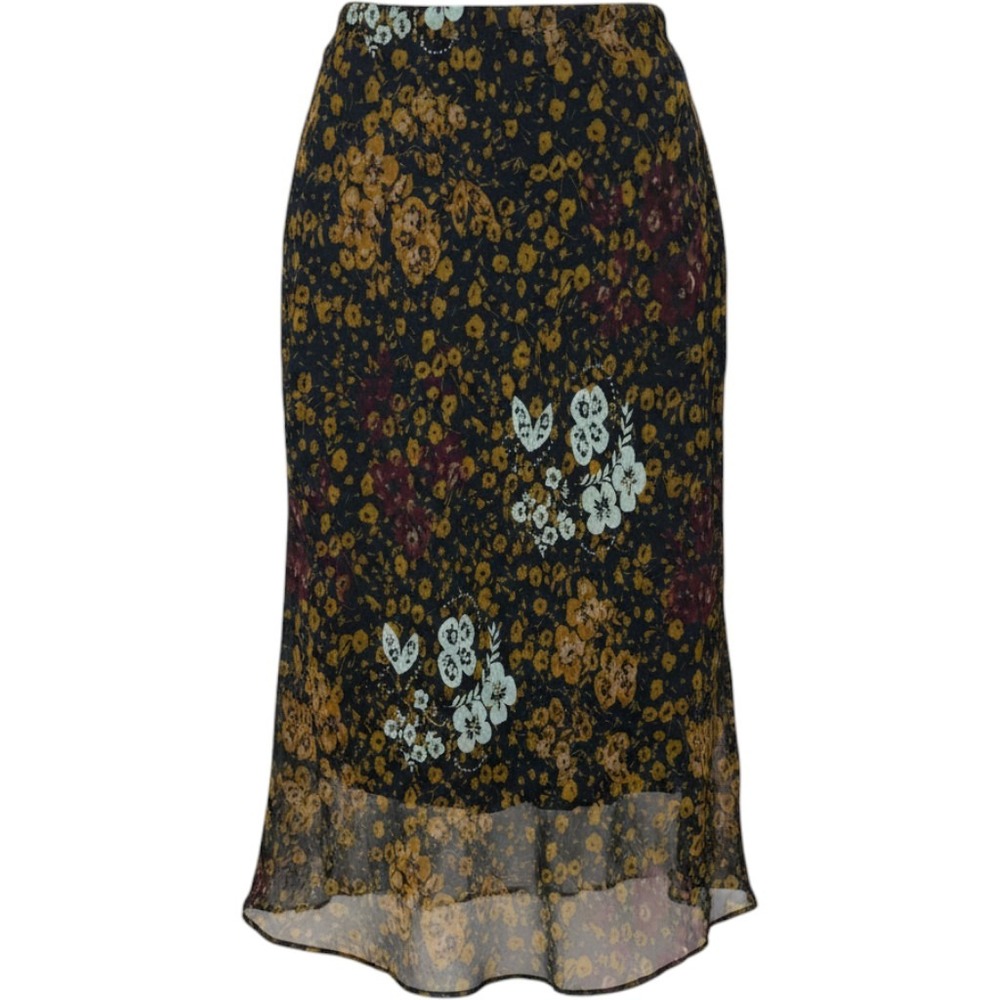 California Krush Floral Chiffon Midi Skirt Black Mustard Lettuce Hem Vintage L